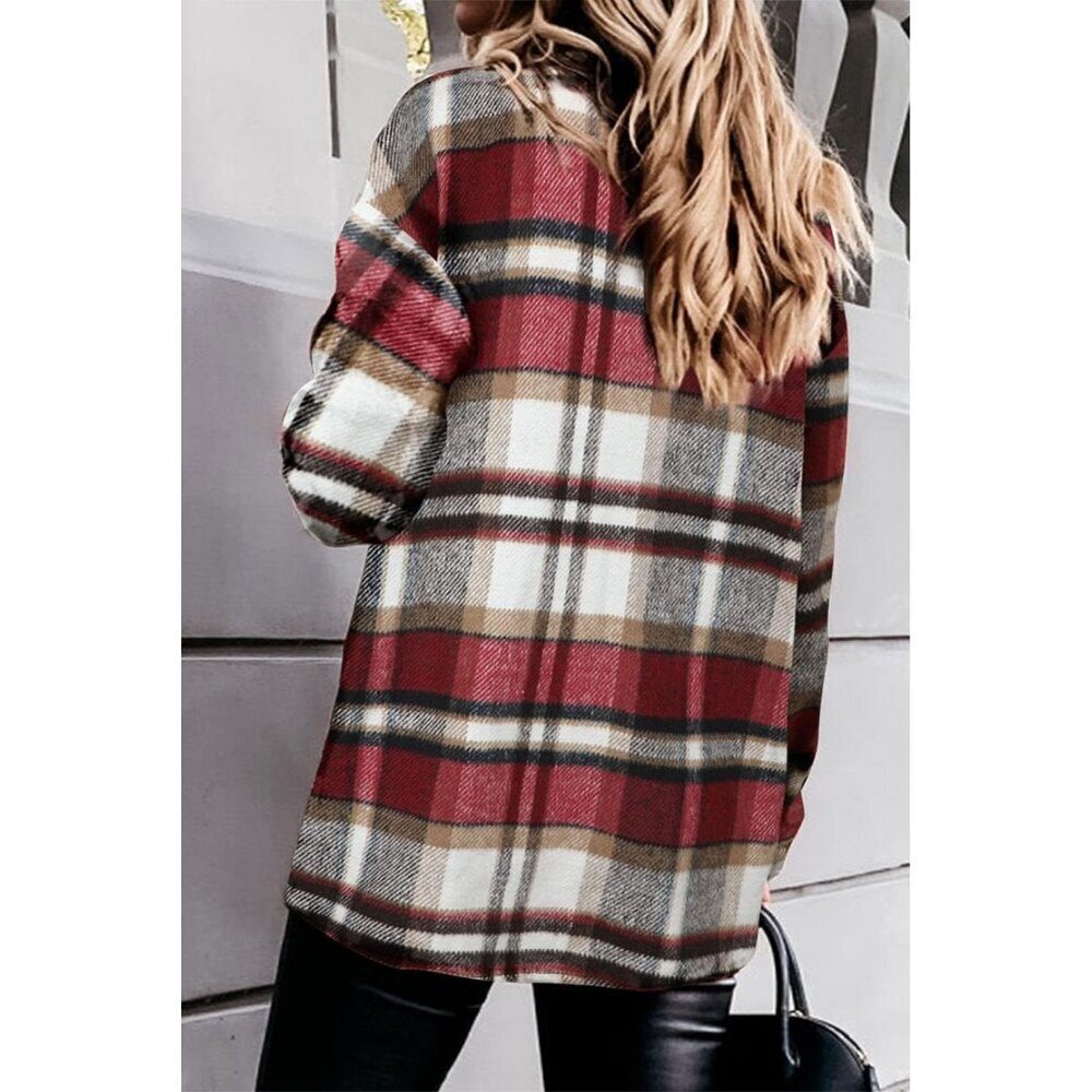 Women Red Collared V Neck Button Down Oversized Long Sleeve Shirt Top - Picture 2 of 4